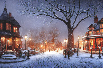 Wall Mural - A fabulous winter town with old streets and Victorian style houses. Winter streets, lanterns, December. Winter festive Christmas decorations of the city. Card.