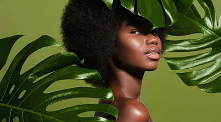 Wall Mural - Natural cosmetics. Green beauty portrait of a young beautiful African American woman posing against green exotic plants background. Natural skin care concept