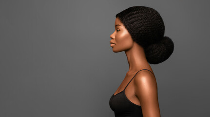 Wall Mural - young beautiful african american model with bun hair profile portrait against grey background.