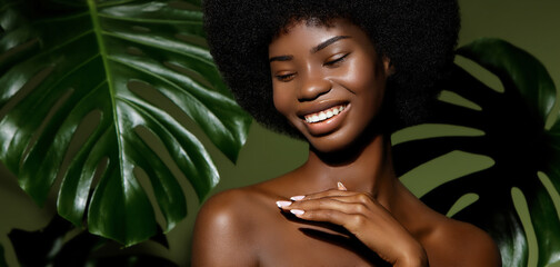 Wall Mural - green beauty portrait. young african american woman posing agaings tropical green leaf. natural cosm