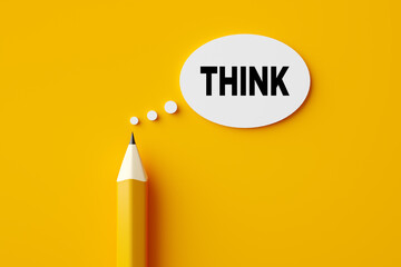 Pencil and thought bubble with the word think on yellow background.