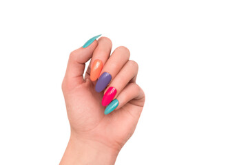 Wall Mural - Female hand with colorful nail design. Glitter nail polish manicure: purple, green, pink and orange on transparent background. Png nails.
