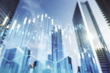 Aufkleber - Multi exposure of abstract financial graph on office buildings background, forex and investment concept