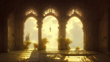 Large Panoramic Arched Windows. Fantasy Interior Of The Palace With Windows To The Garden. Rays Of The Sun, Shadows. Majestic Window. 