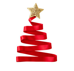 Wall Mural - christmas tree shape red ribbon isolated transparent background, png. merry xmas card template