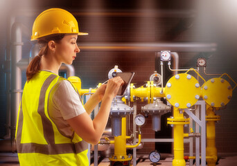 Poster - woman and boiler equipment. girl with tablet in boiler room. heating control residential building or