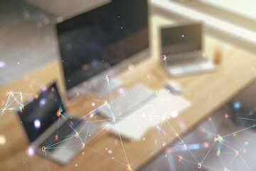 Aufkleber - Creative abstract wireless technology hologram and modern desktop with pc on background, artificial intelligence and machine learning concept. Multi exposure