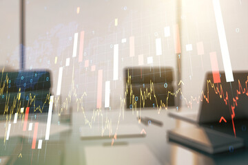 Poster - Multi exposure of abstract creative financial graph with world map and modern desktop with computer on background, forex and investment concept