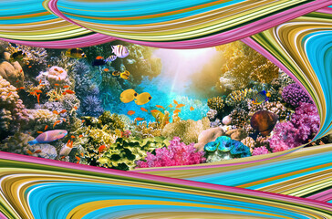 Sticker - Colorful coral reef with many fishes. Art design of Caribbean Sea - travel concept and save ocean life concept