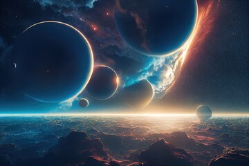 Above the surface of the planet earth, a parade of planets has built up among the cosmic bodies. 3D rendering