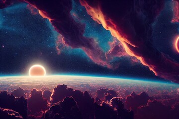 Aufkleber - Sunrise from beyond Earth's orbit against a backdrop of stellar space. 3D illustration