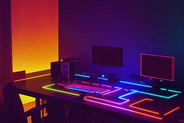 Aufkleber - There are two flat-panel monitors and other equipment on the desk. 3D illustration