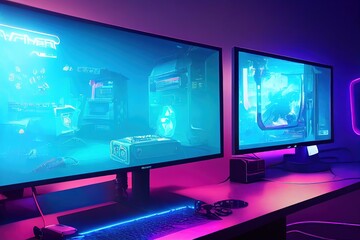 Poster - There are two monitors and a keyboard on the white desktop. 3D rendering