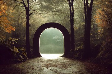 Canvas Print - Exit the park through a stone archway to the road. 3D illustration