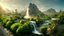At The Foot Of The Mountains In The Open Air, A Waterfall Flows Down. 3D Illustration