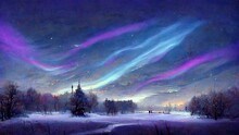 Winter Landscape, Northern Lights, Aurora On The Night Sky, Christmas Card Scene  