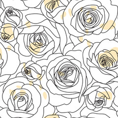 Aufkleber - Abstract seamless pattern with roses. Beautiful blossoming hand drawn flower on white background. Line art wallpaper. Vector stock illustration.