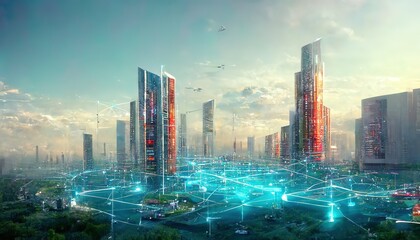 Smart city technology with futuristic graphic of digital data transfer. Smart city, Internet of things, smart life, information technology. 3D illustration