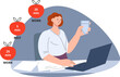 © MicroOne - Work timing use. Pomodoro technique for successful job and doing all tasks. Business office woman or freelancer working with time management vector concept