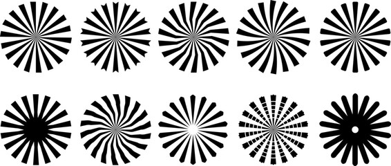 Wall Mural - Black radial starburst elements. Isolated sunburst abstract design, circle graphic decorative vector icons. Cutter templates, creative art suns
