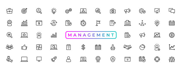 Poster - business management outline icon collection. thin line set contains such icons as vision, mission, v