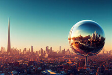 Spherical Shiny Metal Reflects Buildings, Sky And Sunlight Background.