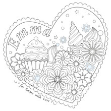 Black And White Flower Decoration With Name Emma, Heart Frame. Coloring Book Page. Vector Illustration.