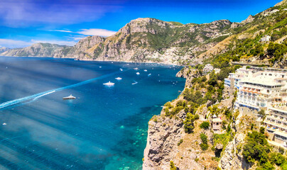 Canvas Print - Amazing aerial view of beautiful Amalfi Coast in summer season, Italy. Drone viewpoint