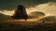 Wast landscape of an alien planet, space ship landing, science fiction scene, futuristic 