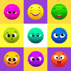 Wall Mural - Fluffy emoticons. funny cartoon faces on colored emoticons. Vector cartoon template