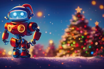 Wall Mural - Robot with Christmas tree. Generative AI