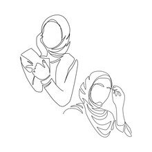 Vector Illustration Of A Portrait Of Women In Hijab Drawn In Line-art Style