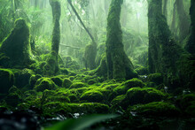 Green Forest In The Morning With Fog