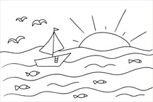 Coloring Page For Children. Seascape With Sun, Clouds, Sea, Birds And Ship. Vector Hand Drawn Illustration In Doodle Style. Activity Book For Kids