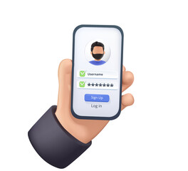 Poster - people register online 3d render. login, bank access, app safety. registration or sign up user inter