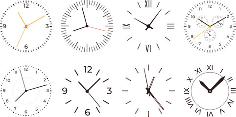 Clock faces wall clocks with numbers. Black dial watches design, isolated modern and vintage time wristwatch elements. Antique racy vector icons