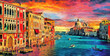 canvas print picture - oil painting of Amazing view on the beautiful Venice, Italy. Many gondolas sailing down one of the canals. watercolor, oil on canvas, wallpaper, buildings, river, sunset, art, artwork. grand canal