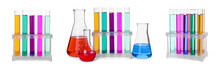 Set Of Different Laboratory Glassware With Colorful Liquids On White Background. Banner Design