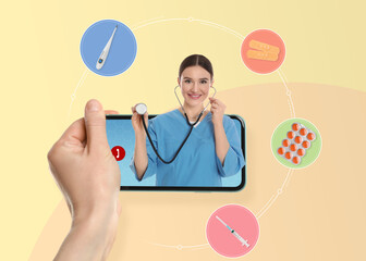 Canvas Print - Online medicine. Closeup view of woman having appointment with doctor via smartphone on color background