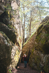 Poster - man hiker with backpack walking by trail in canyon