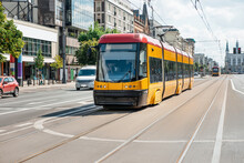 Streetcar On Road In City. Public Transport