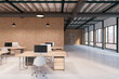 Front view on wooden work places in loft style open space office with brick wall, glossy concrete floor and city view from panoramic windows. 3D rendering