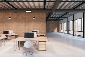 Aufkleber - Front view on wooden work places in loft style open space office with brick wall, glossy concrete floor and city view from panoramic windows. 3D rendering