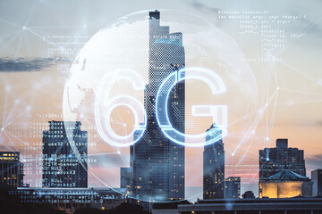 Aufkleber - glowing planet earth globe hologram with 6G and index graph on blurry city backdrop. Mobile internet network, speed and signal. Double exposure.