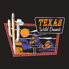 Texas Wild Desert In Cow Girl, Retro Cowgirl . Colorful Retro  T-shirt Or Poster Design Of Wild Side. Illustration Of Cowgirl Boot With Western Hat Vector Design.