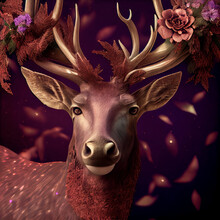 Close-up Portrait Of Reindeer In Flowers And Leaves In Vintage Style.  Christmas Concept. Picturesque Illustration Of Northern Reindeer.  Wildlife Animal.