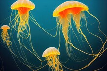 Fantastic Golden Yellow Jellyfish In Sea Water. Illuminated Aquatic Undersea Creature With Majestic Flow Swimming In Ocean Depth