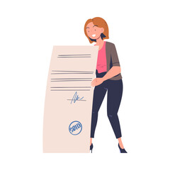 Sticker - Woman Character with Huge Paper Document Making Contract and Deal Agreement Vector Illustration