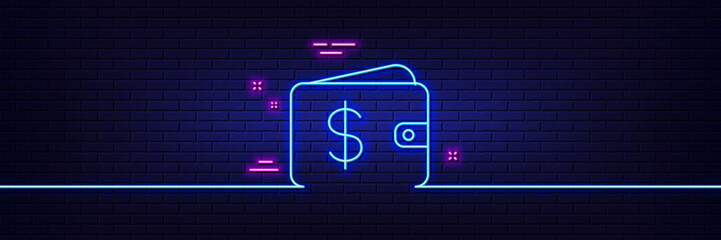 Poster - neon light glow effect. shopping wallet line icon. dollar sign. usd money pocket symbol. 3d line neo