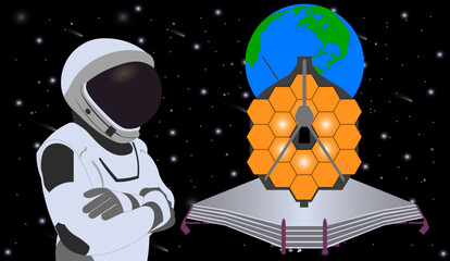Wall Mural - space astronaut in new space suit in a front of and james webb space telescope. elements of this vec